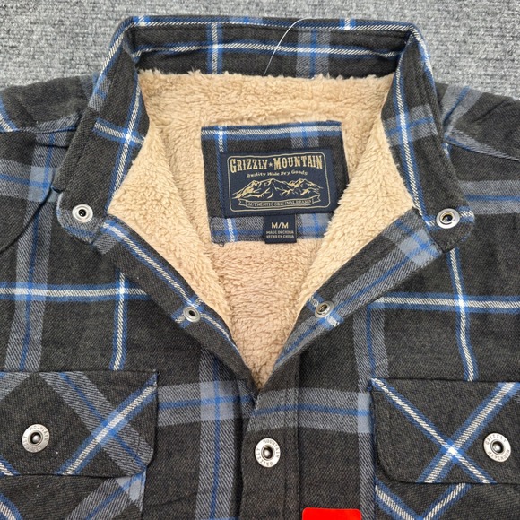 Grizzly Mountain Mens Flannel Shirt Jacket Gray Blue Plaid Sherpa Lined Medium - Picture 1 of 9